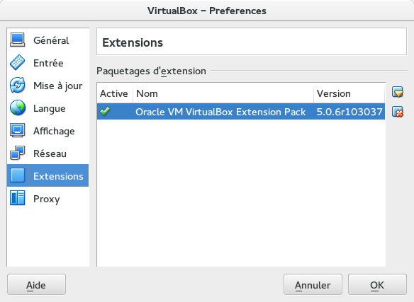 Virtual Box - Extension installée