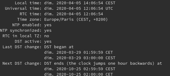 Exemple de réponse de timedatectl status