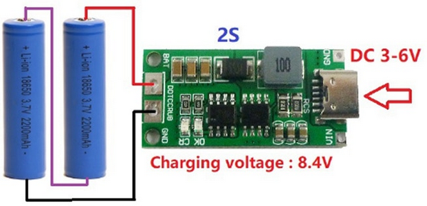 Schéma de montage du module avec les batteries 18650
